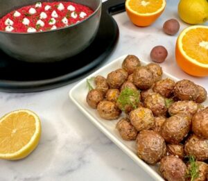 Air Fryer Citrus Potato Poppers with a Creamy Beet-Yogurt Dip recipe from Potatoes USA.