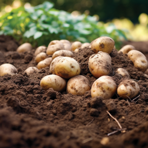Freshly unearthed potatoes on a bed of rich soil