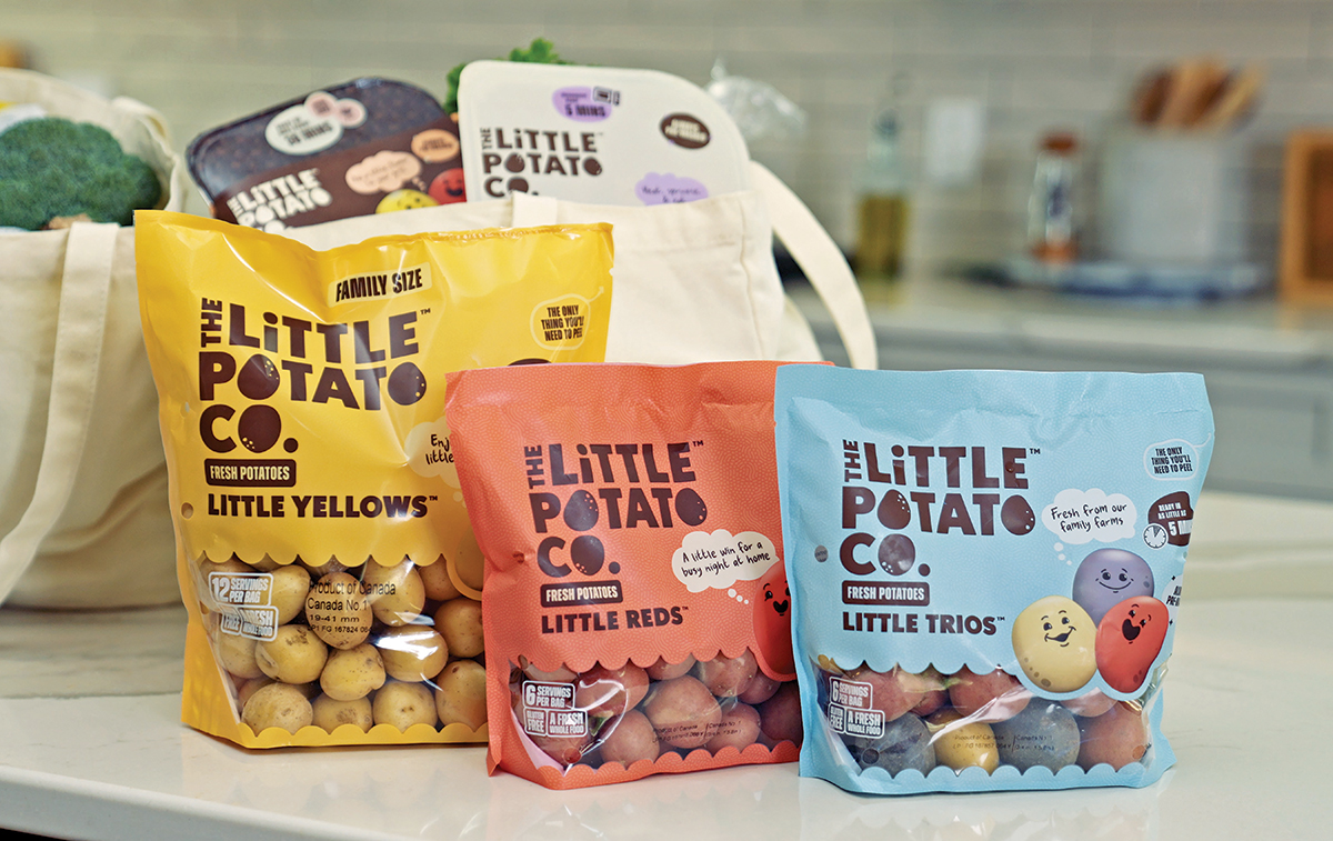 A trio of potato packages in yellow, red and blue