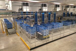 A series of metal bins for potato handling