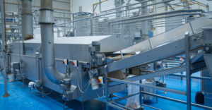 A large, stainless steel fryer for continuous frying of potatoes and other foods