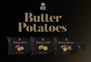 Black Butter Potatoes logo with trio of varieties