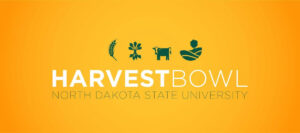 Yellow and green Harvest Bowl logo featuring grains and animals