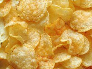 A closeup of freshly made potato chips