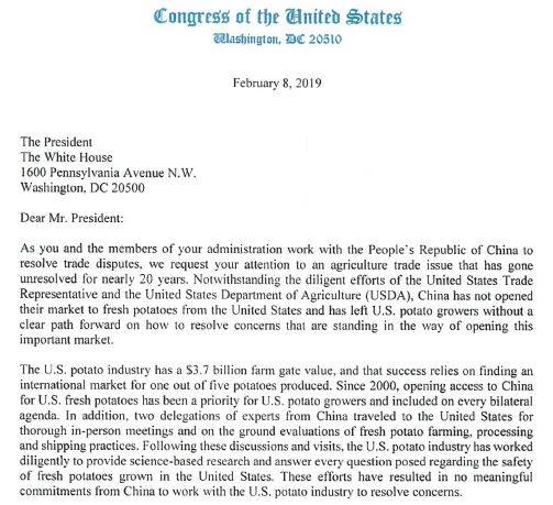 Fresh potatoes to China: members of Congress write letter to Trump