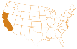 Map with California highlighted in orange.