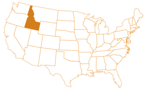 US map with Idaho highlighted in orange.