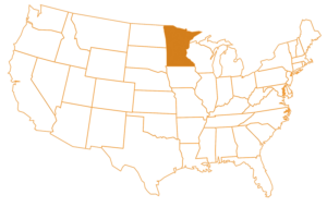 US map with Minnesota highlighted in orange.