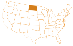 US map with North Dakota highlighted in orange.