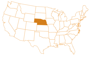 US map with Nebraska highlighted in orange.