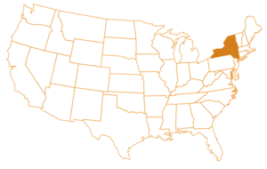 US map with New York highlighted in orange.