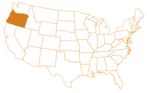 US map with Oregon highlighted in orange.