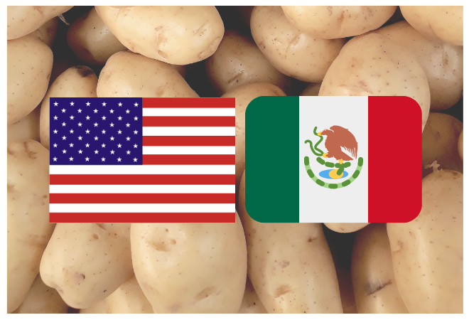 The U.S. and Mexico flags superimposed on a background of potatoes