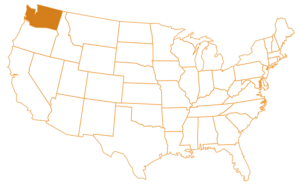 US map with Washington highlighted in orange.