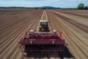 A tractor pulling equipment is seen from behind plowing a potato field