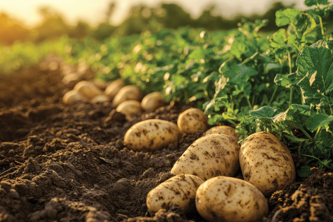 A closeup of newly harvested potatoes in soil